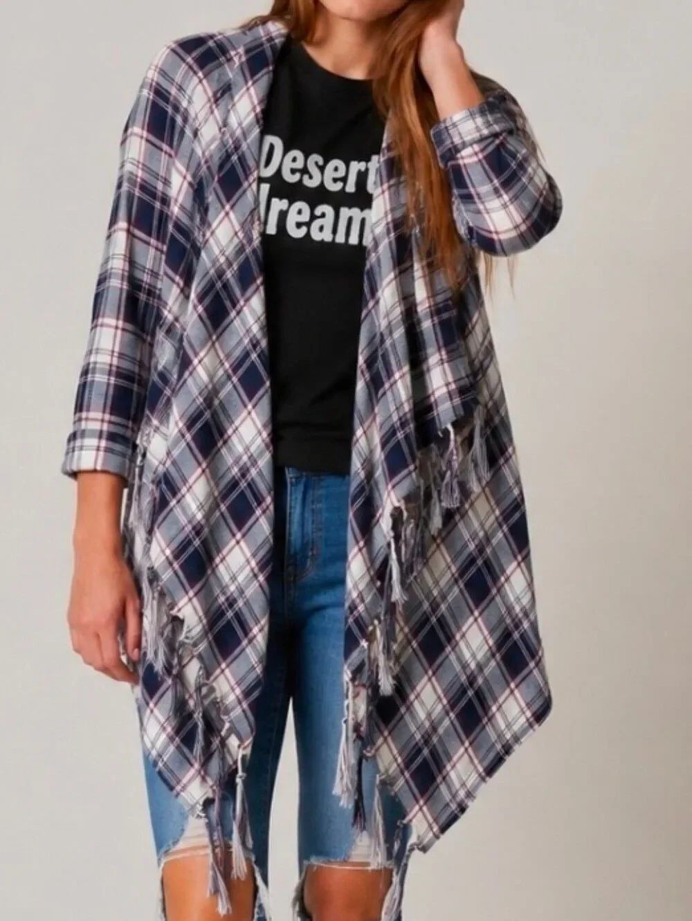 Billabong Navy Plaid Liv It Up Cardigan Flyaway Fringe Front Top